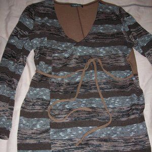 Carol Rose Brown/Black/White Striped Wrap Sweater with Ruched Back